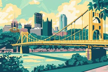 Wall Mural - Risograph riso print travel poster, card, wallpaper or banner illustration, modern, isolated, clear, simple of Pittsburgh, Pennsylvania, USA. Artistic, screen printing, stencil