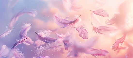 Aufkleber - A soft dreamy background with a scattering of lilac feathers in the corner against a romantic sky backdrop perfect for a copy space image