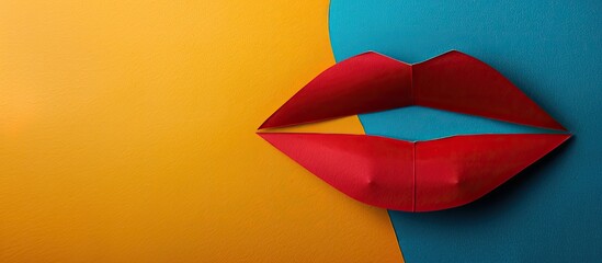 Poster - Red paper lips on a colorful backdrop with copy space image