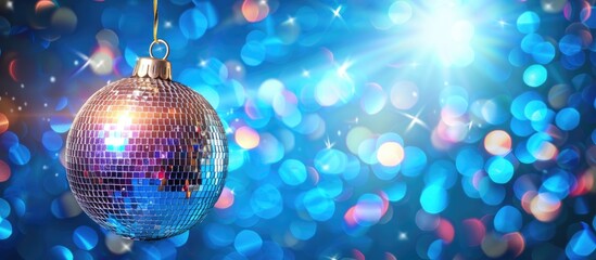 Poster - A backdrop with a disco ball celebration theme on a blue background perfect for banners with ample copy space image