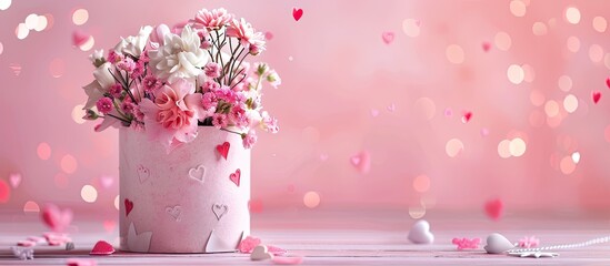 Wall Mural - Valentine s Day background with a gift box filled with flowers and adorned with heart decorations perfect for your copy space image