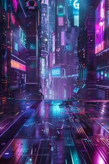 Wall Mural - an empty stage in a futuristic, neon-lit cyberpunk city, with a metallic floor, holographic billboar