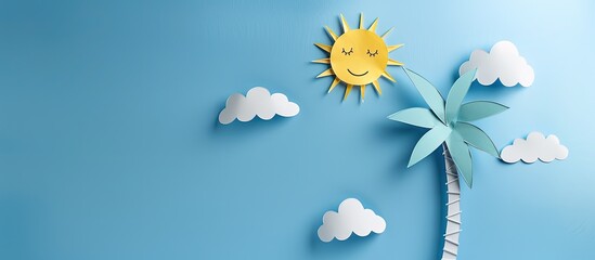 Aufkleber - A paper cutout of a palm tree a sun winking clouds on sticks against a blue sky all creating a charming copy space image