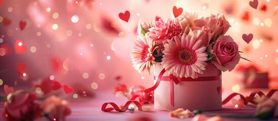 Wall Mural - Valentine s Day background with a gift box filled with flowers and adorned with heart decorations perfect for your copy space image