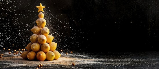 Poster - A Christmas tree made of sugared lemons on a black backdrop with copy space image