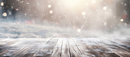 Poster - White wooden desk with a Christmas background and copy space image