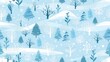 Seamless illustrated winter landscape with trees, snowflakes, and gentle hills, in a blue and white color scheme. Perfect for holiday cards and winter decorations.