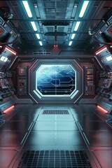 An empty stage in a futuristic spaceship, with a sleek metallic floor, control panels with glowing buttons, and a large window showing the vastness of space