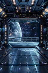 An empty stage in a futuristic spaceship, with a sleek metallic floor, control panels with glowing buttons, and a large window showing the vastness of space