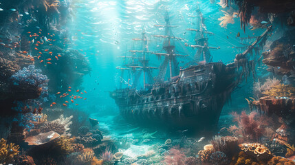 Wall Mural - an old shipwreck underwater