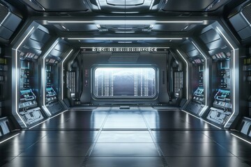 An empty stage in a futuristic spaceship, with a sleek metallic floor, control panels with glowing buttons, and a large window showing the vastness of space