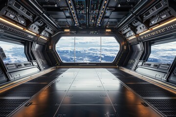 An empty stage in a futuristic spaceship, with a sleek metallic floor, control panels with glowing buttons, and a large window showing the vastness of space