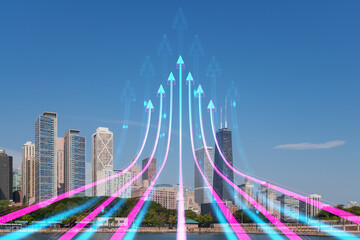 Wall Mural - Chicago skyline with futuristic holographic arrows overlay, representing a concept of growth, progress or security in the urban environment. Double exposure