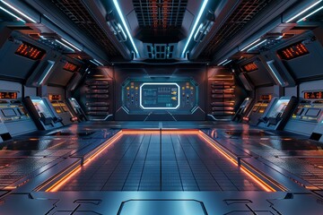 An empty stage in a futuristic spaceship, with a sleek metallic floor, control panels with glowing buttons, and a large window showing the vastness of space