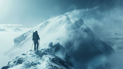 Poster - A man is standing on a snow covered mountain peak