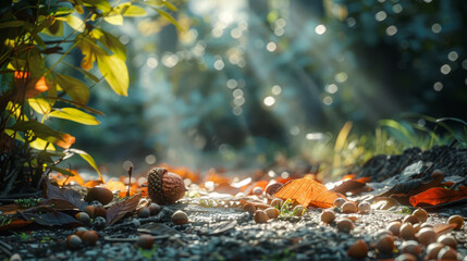 Wall Mural - A forest scene with sunlight shining through the trees and leaves on the ground