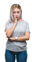 Sticker - Young blonde woman over isolated background thinking looking tired and bored with depression problems with crossed arms.