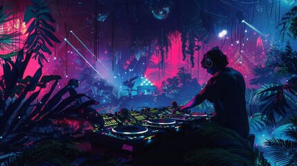Poster - A DJ mixes music at a nighttime event in a lush, tropical jungle setting. Neon lights illuminate the scene, adding a vibrant and futuristic feel.