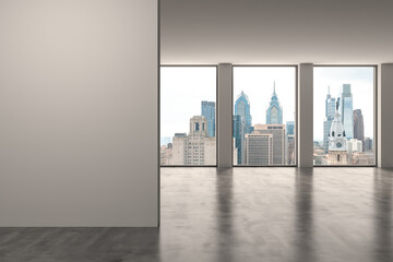 Wall Mural - Downtown Philadelphia City Skyline Buildings from High Rise Window. Beautiful Expensive Real Estate overlooking. Empty room Interior. Mockup wall. Skyscrapers Cityscape. Day. Penn. 3d rendering.