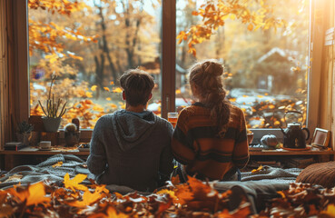 Poster - A couple sits by a window with a view of colorful autumn leaves, enjoying the cozy atmosphere.