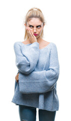 Sticker - Young beautiful blonde and blue eyes woman wearing winter sweater over isolated background thinking looking tired and bored with depression problems with crossed arms.