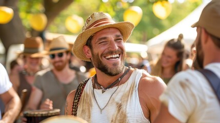 A cheerful man dressed in casual attire and a stylish hat is smiling broadly as he enjoys the activities at an outdoor festival, surrounded by people and decor.