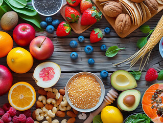 Wall Mural - Fresh Fruits, Vegetables, and Nuts Arranged on Wooden Tabletop