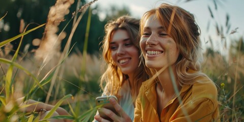 Two females outdoors, gazing at their mobile device