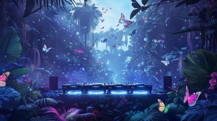 Leinwandbilder - A DJ stage sits in a forest at night. The stage is lit with blue lights and surrounded by large speakers. The trees and plants are full of flying butterflies.