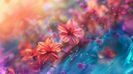 Poster - Flowers that appear to float in mid-air, surrounded by swirling, colorful backgrounds.