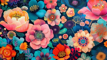 Poster - whimsical flowers with intricate patterns and bright, bold colors.