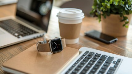 Smartwatch and Coffee on a Wooden Table