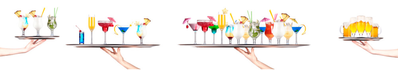 Poster - Hand holding tray with different alcohol cocktails isolated on white background