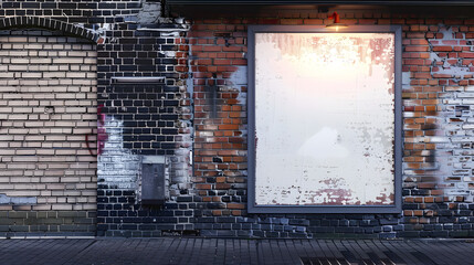 Sticker - Empty blank white poster on old brick wall in a trendy shopping district