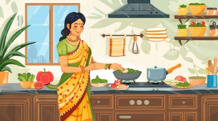 Indian woman or housewife cooking at kitchen