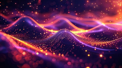 Canvas Print - Vibrant abstract digital waves with glowing light particles creating a futuristic and dynamic background in shades of purple and orange.