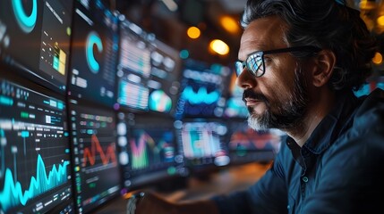 Poster - Business Professional Analyzing Networked Data on Multiple Screens in High Tech Hub