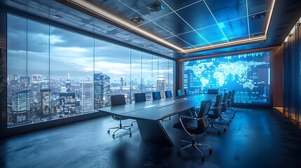 Poster - advanced boardroom with global digital communication systems for seamless international business mee