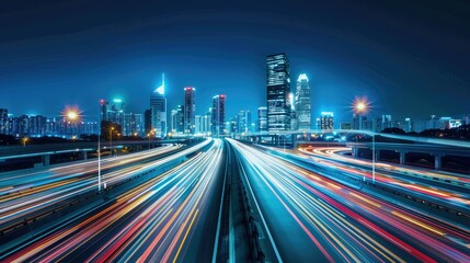 Futuristic cityscape with glowing skyscrapers and light trails on highway at night