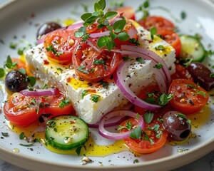 Fresh Greek Salad Still Life on White Plate with Olive Oil Drizzle