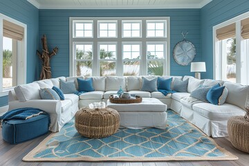 Coastal Living Room A beach-inspired living room with white and blue decor, wicker furniture, and nautical accessories. Include a large window with a view of the ocean. 