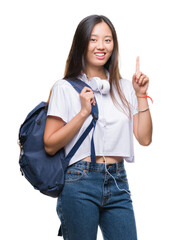 Poster - Young asian woman wearing backpack and headphones over isolated background surprised with an idea or question pointing finger with happy face, number one