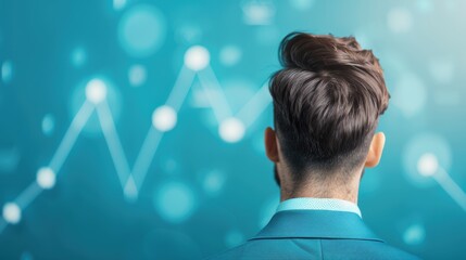 Poster - An impactful stock photo of a businessman looking at charts indicating business growth, with graphs surging upwards. The background offers ample copy space for customization.