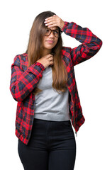 Sticker - Young beautiful brunette woman wearing jacket and glasses over isolated background Touching forehead for illness and fever, flu and cold, virus sick