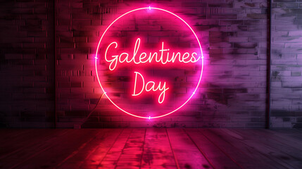 glowing pink neon galentines day circle sign glowing dark brick wall vibrant friends celebration par