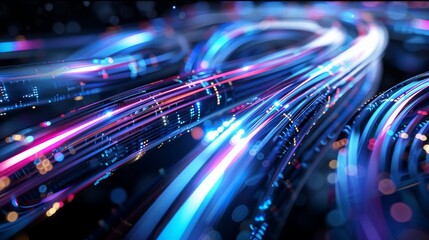3D Abstract Technology Background: Fiber Optic Cables with Bokeh - Information Transfer Concept