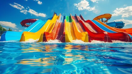 bottom view of a water park with multicolored slides in a swimming pool with a clear sky and clouds 