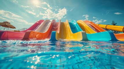 bottom view of a water park with multicolored slides in a swimming pool with a clear sky and clouds 