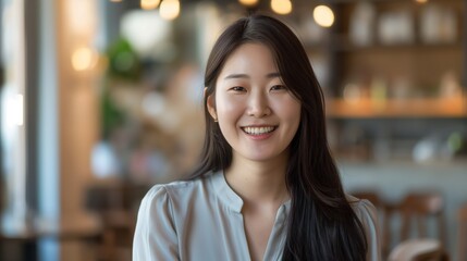 Canvas Print - Smiling Korean Woman Indoors, Perfect for Social Media, Marketing, and Blogs