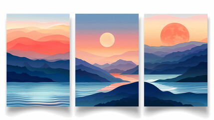 Abstract coloful landscape poster collection. Set of contemporary art print templates. Nature backgrounds for your social media. Sun and moon, sea, mountains, ocean, river bundle